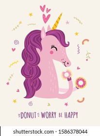 Unicórnio e rosquinhas. Ilustração bonita com unicórnio.