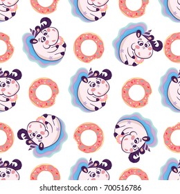 Unicorn with donuts seamless pattern.Vector illustration of cute unicorn.Cartoon style
