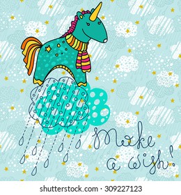 Unicorn doodle cartoon over sky pattern, colorful illustration, Vector