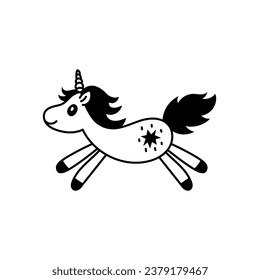 Unicorn doodle illustration. Funny hand-drawn fairy tale animal. Vector line art. Black color.