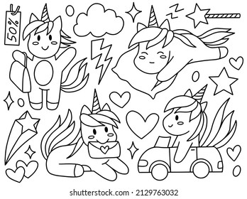 Unicorn Doodle Line Art Collection