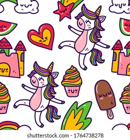 unicorn in doodle style seamless pattern on white background