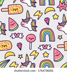 unicorn in doodle style seamless pattern on white background