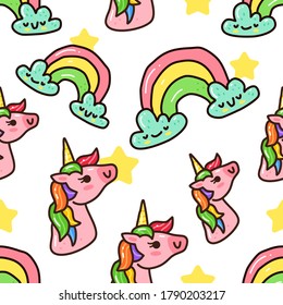 unicorn in doodle style seamless pattern on colorful background