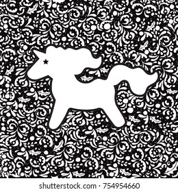 Unicorn doodle vector background.Vector with cute unicorn.Magic background with little unicorn.Baby background. Black and white hand drawn mane