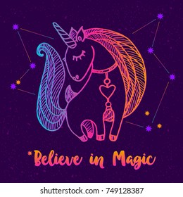 Unicorn drawing. Bright outlined drawing on dark background with stars and constellations. Text "Believe in Magic"