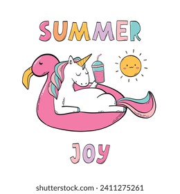 Unicorn with unicorn drawing. Summer joy lettering quote decorated with unicorn on swimming circle, poster, card, print, sublimation design. EPS 10