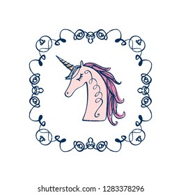 Unicorn drawing. Textile graphic print for t-shirt and other. Pony illustration head EPS