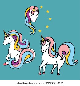 unicorn drawing in three different versions: standing, lying and head only