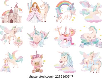 unicorn drawing vector girl pink fly icon set illustration horse child funny colorful 