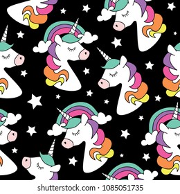 Unicorn drawings on black background seamless repeating pattern texture / Vector illustration design for fashion fabrics, textile graphics, prints, wallpapers, wrapping papers and other uses.