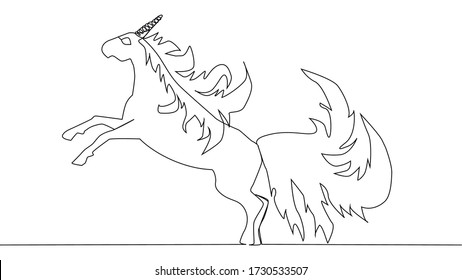 The unicorn is drawn by one black line on a white background. One-line drawing. Continuous line