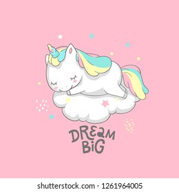 Unicorn Dream Big Fairy Poster Vector Template. Magic Inspirational Watercolor Print Template with Little Horn Pony Sleeping on Cloud. Fairy Motivation Printable Banner Flat Cartoon Design