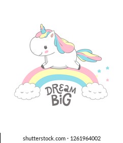 Unicorn Dream Big Rainbow Magic Poster Design. Fairy Inspirational Child Print Template with Little Horn Pony Run above Rainbow. Motivation Printable Badge Flat Cartoon Illustration Design