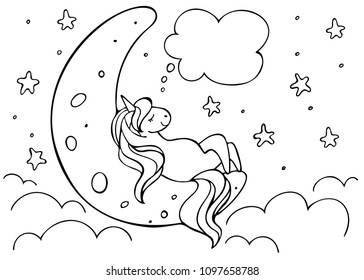 Unicorn dreams on the moon isolated on white. Litlle dreamer. Hand drawn vector illustration. Perfect for print, coloring book, greeting card.