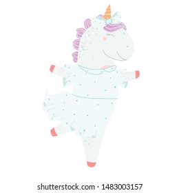 Unicorn in a dress dancing dance, happy horse, flat illustration