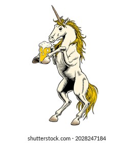 Unicorn trinkt Bier einzeln auf weißem Hintergrund. Das sonnige königliche Symbol. Aufzuchtpferd. Comische Vektorgrafik.