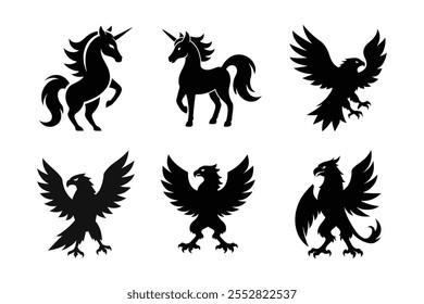 Unicorn and Eagle Silhouette On White Backhround 