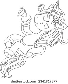 Unicorn Eating Apple Outline Vector Illustration. Unicorn Outline Illustration. Unicorn Lying And Eating Apple Illustration. Coloring pages. Horse Eating Apple Outline. Cartoon Eating Apple.