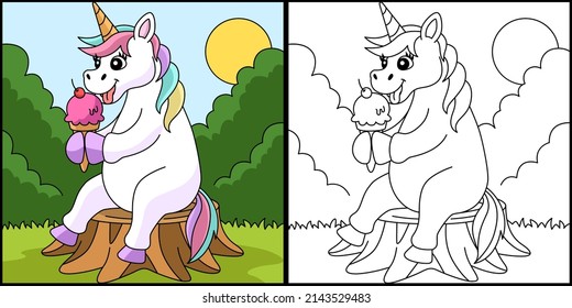 Illustration der Einhorn-Eating-Eiscreme-Farbseite