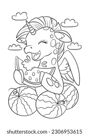 The unicorn eats a watermelon. Unicorn coloring page. Pony vector. Children's illustration for coloring