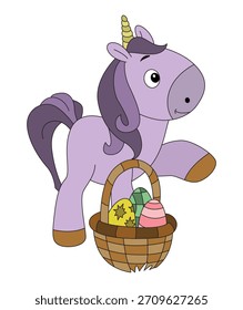 Un unicornio con huevo en la Ilustración vectorial de la cesta
