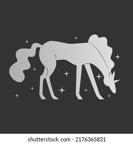 Unicorn. Elegant silver silhouette on a dark background surrounded by stars. A fabulous animal from a magical land. Vector illustration.
