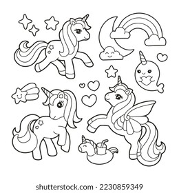 Unicorn element set coloring page illustration.