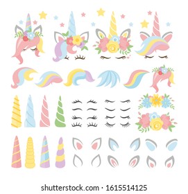 Unicorn elements flat vector illustrations set. Girly, childish stickers isolated pack. Magical horse with horn and stripy multicolor hair constructor kit. Eyelashes, ears, flowers, stars.