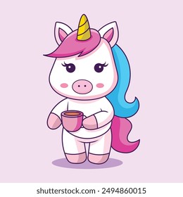 Unicorn Enjoying a Coffee Mug in a Whimsical Fantasy Illustration