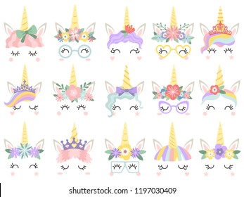 Unicorn Face. Beautiful Pony Unicorns Faces, Magic Horn In Rainbow Flower Wreath And Pony Cute Eyelashes Head, Fairytale Rainbow Magical Cartoon Vector Isolated Icons Illustration Set