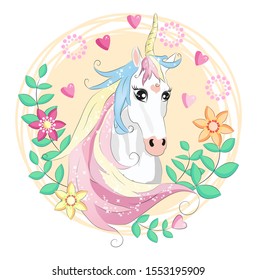 Unicorn face. Beautiful pony unicorns faces, magic horn in rainbow flower wreath and pony cute eyelashes head, fairytale rainbow magical cartoon isolated illustration