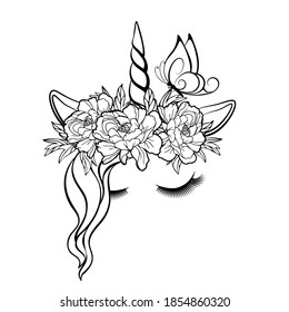 Unicorn face with closed eyes, butterfly and wreath of flowers. Black outline isolated on a white background.