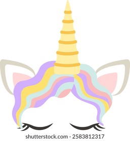 Unicorn face with closed eyes, colorful mane and golden horn, perfect for children s designs, prints, textiles, nursery decorations, and magical projects