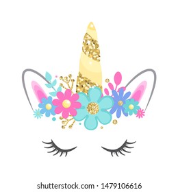 Unicorn face with closed eyes and flowers. Gold glitter horn. Vector illustration. Isolated on white background