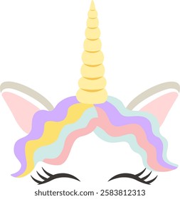 Unicorn face with closed eyes, golden horn, pastel colored mane and ears, ideal for children s designs, prints, fabrics, and magical themes