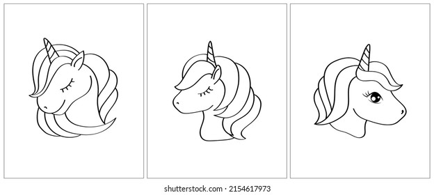 Página de coloreado facial de unicornio. Conjunto de 3 páginas para un libro de colorear. Ilustración portadora animal en blanco y negro. Panorama de animales para páginas de coloreo para niñas y niños. 

