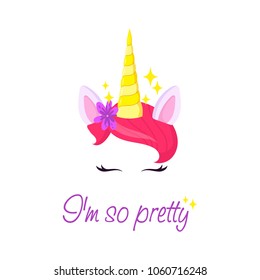 Unicorn face cute.Cartoon illustration for postcard,shirt design. Unicorn head isolated on white background
