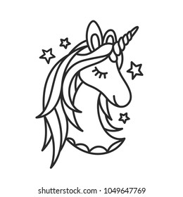 Unicorn face doodle drawing. Cute monochrome design element for nursery prints, posters, decor. Vector illustration.