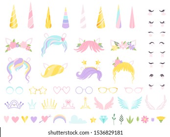 Unicorn Face. Fairy Tale Pony Head Horn Eyes Ear Hairs Birthday Party Unicorn Vector Creation Kit