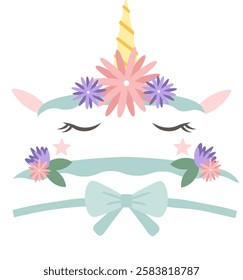 Unicorn face featuring closed eyes, a shimmering golden horn, and adorned with pink and purple flowers, leaves, stars, and a light blue bow, is peacefully sleeping