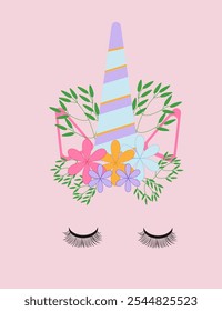 Cara del unicornio con las flores en un fondo delicado
