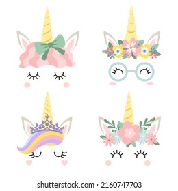 Unicorn face with flowers wreath, girly masks. Vector magic animal with cute flower decoration, cartoon horn creature illustration