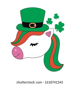 Unicorn face with hat.  St patrick's day unicorn.Vector ilustration