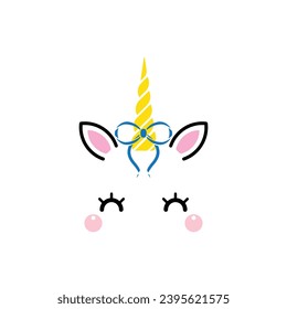 Unicorn face head with bow tie ribbon isolated on white background. Vector cartoon character illustration. Design for child card, t-shirt. girls, kid. 