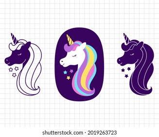 Unicorn face head cartoon clip art. Silhouette vector flat illustration. Cutting file. Suitable for cutting software. Cricut, Silhouette.