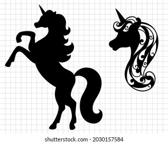 Unicorn face head cartoon clip art. Silhouette vector flat illustration. Cutting file. Suitable for cutting software. Cricut, Silhouette.