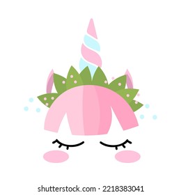 Unicorn face with pink hair and leaf crown cartoon illustration. Pretty magic animal head with horn and pink fringe or birthday decoration for cake on white background. Fantasy, dream concept