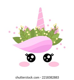 Unicorn face with pink hair and leaves cartoon illustration. Cute magic animal head with pink horn and green leaves or birthday decoration for cake on white background. Fantasy, dream concept