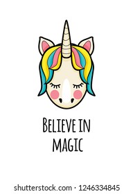 unicorn face with quotes. vector portrait of a funny unicorn girl with text. banner with cute unicorn. Believe in magic